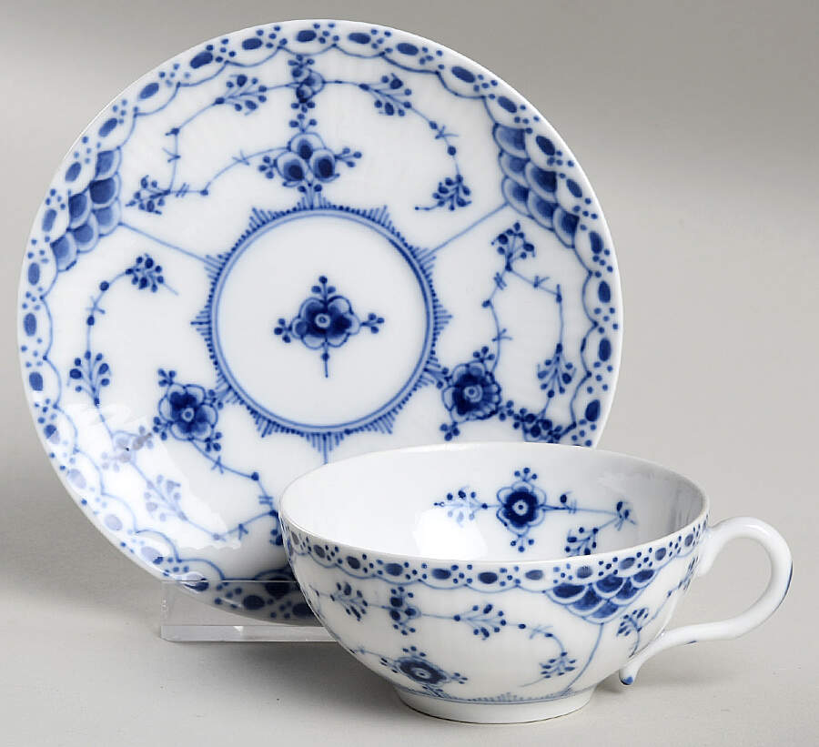 Blue Fluted Half Lace Border (No Trim) Flat Cup & Saucer Set by Royal Copenhagen-1
