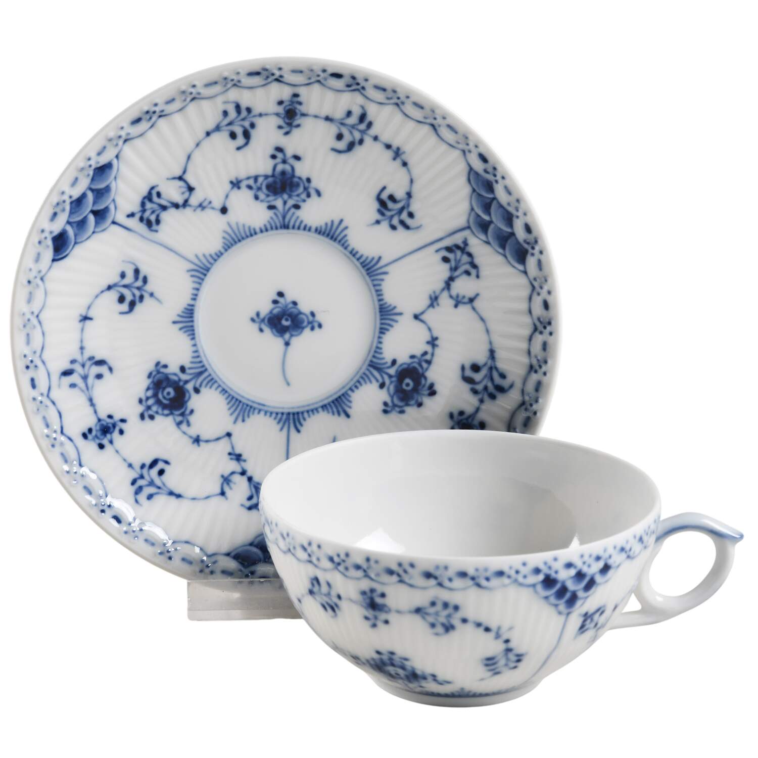 Blue Fluted Half Lace Border (No Trim) Flat Cup & Saucer Set by Royal Copenhagen-1