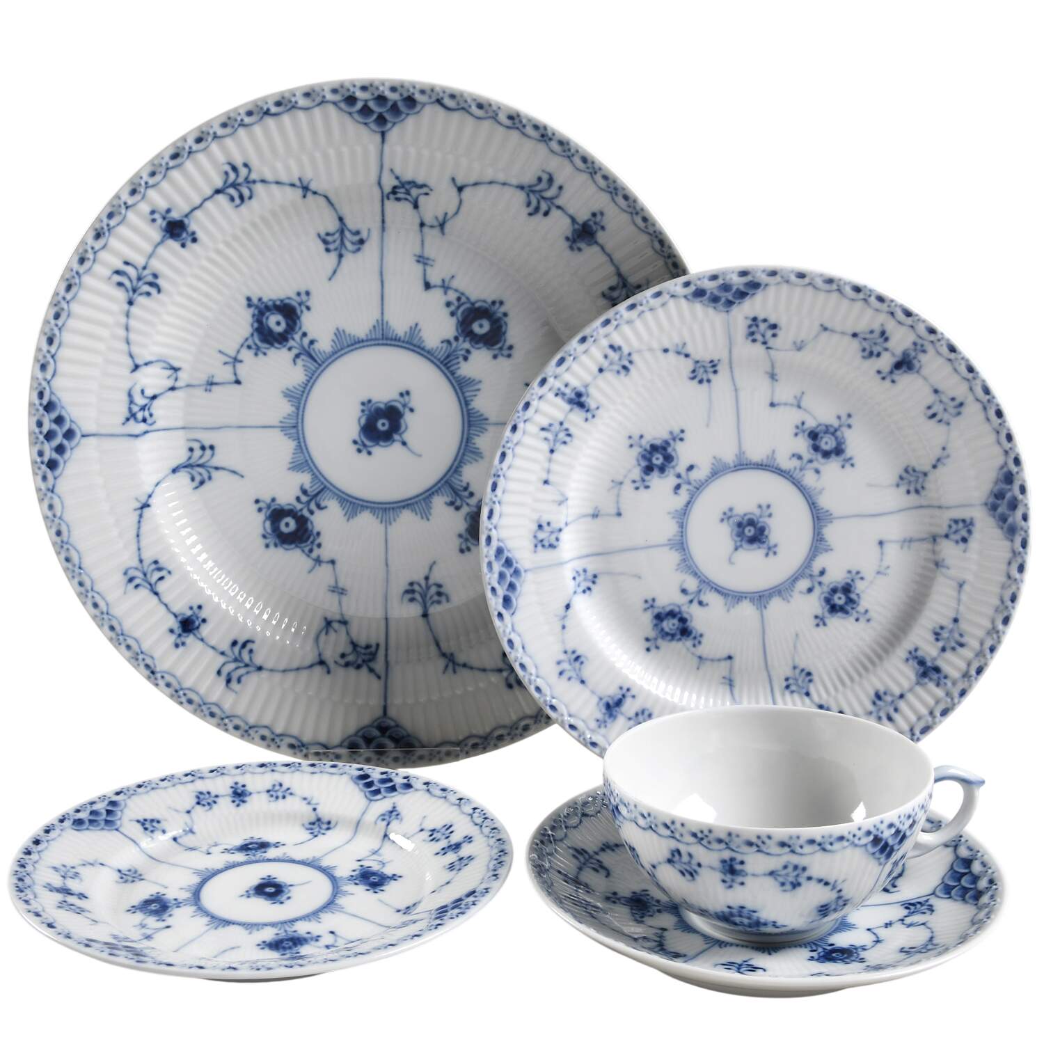 Blue Fluted Half Lace Border (No Trim) 40 Piece Estate Set by Royal Copenhagen-1