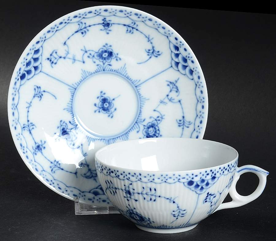 Blue Fluted Half Lace Border (No Trim) Large Flat Cup & Saucer Set by Royal Copenhagen-1