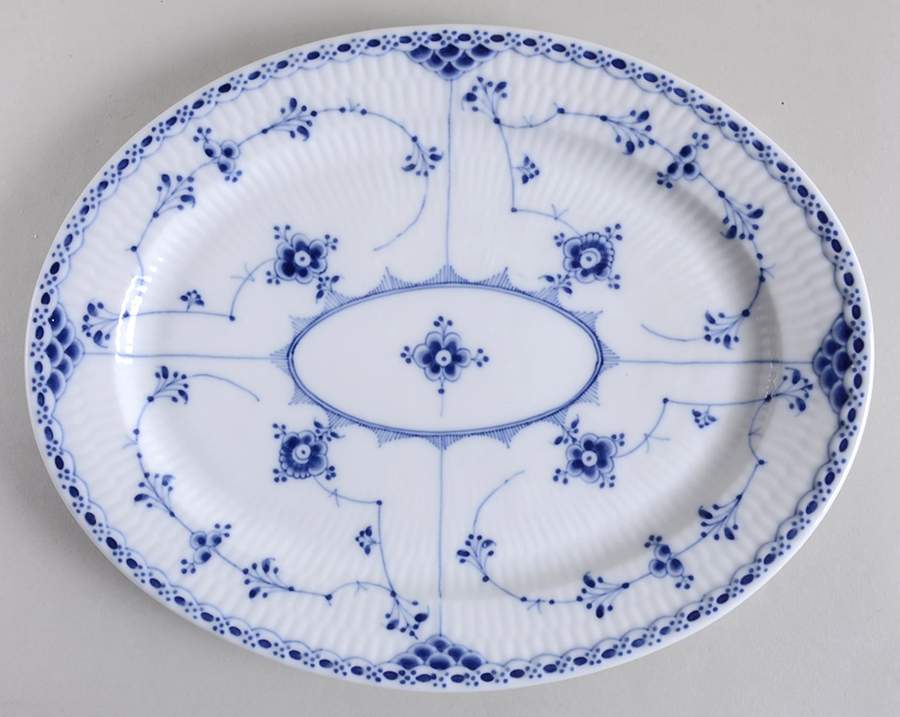 Blue Fluted Half Lace Border (No Trim) 12" Oval Serving Platter by Royal Copenhagen-1