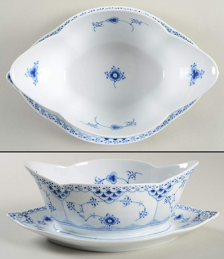 Blue Fluted Half Lace Border (No Trim) Gravy Boat with Attached Underplate by Royal Copenhagen-1