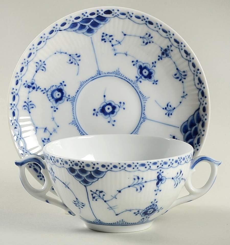Blue Fluted Half Lace Border (No Trim) Flat Cream Soup Bowl & Saucer Set by Royal Copenhagen-1