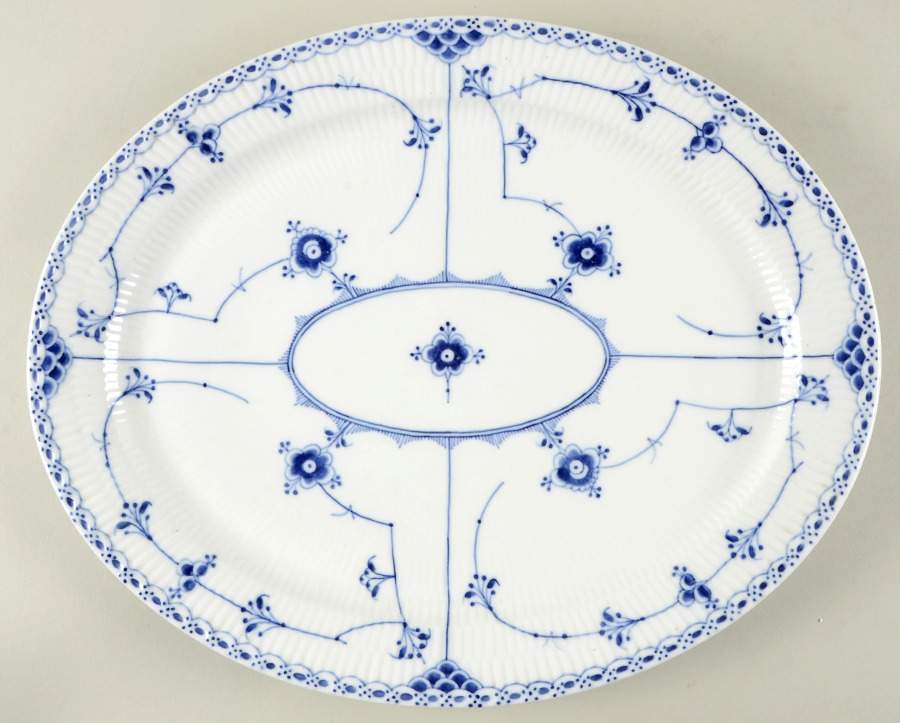 Blue Fluted Half Lace Border (No Trim) 16" Oval Serving Platter by Royal Copenhagen-1