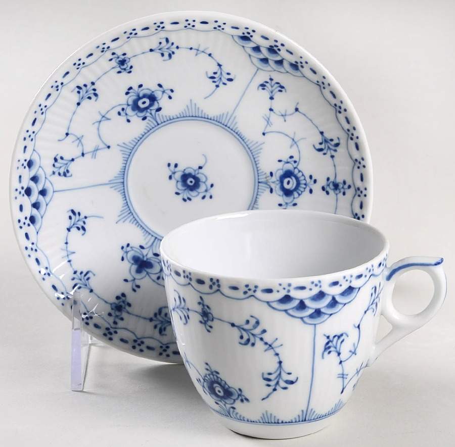 Blue Fluted Half Lace Border (No Trim) Flat Cup & Saucer Set by Royal Copenhagen-1
