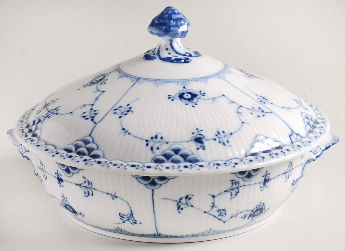 Blue Fluted Half Lace Border (No Trim) Round Covered Vegetable by Royal Copenhagen-1
