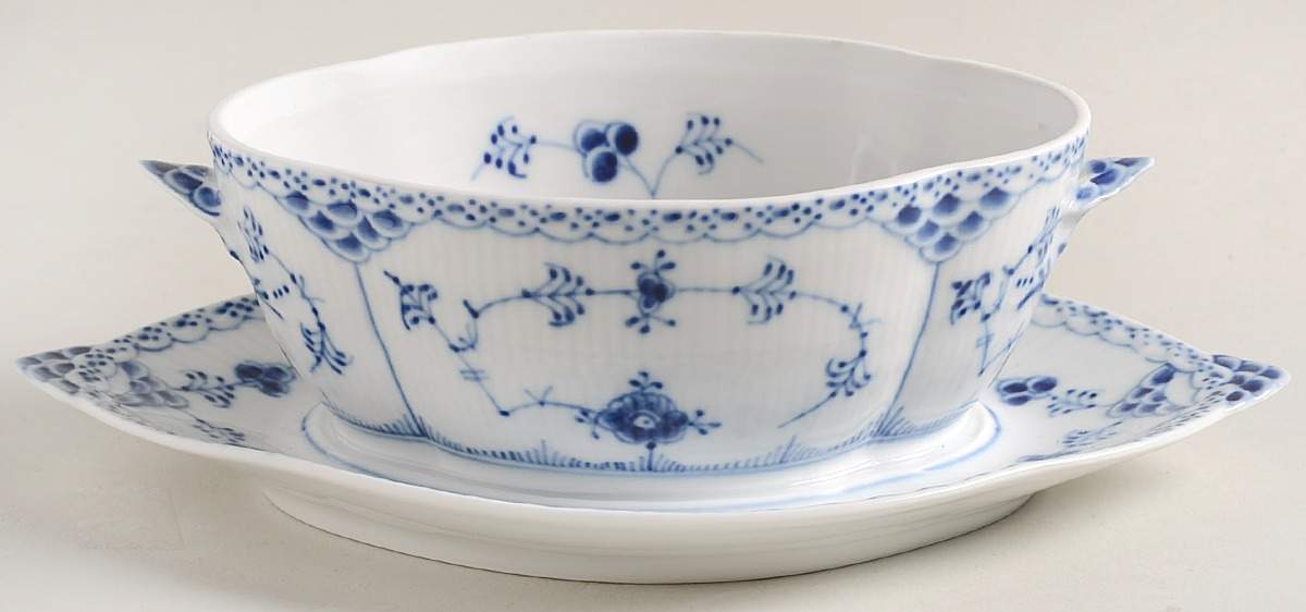Blue Fluted Half Lace Border (No Trim) Gravy Boat w/Attached Underplate No Lid by Royal Copenhagen-1