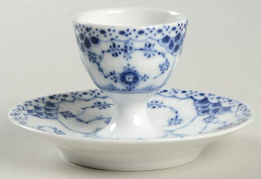 Blue Fluted Half Lace Border (No Trim) Egg Cup with Attached Underplate by Royal Copenhagen-1