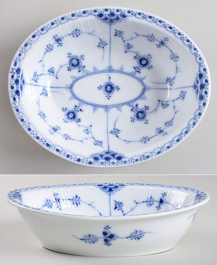 Blue Fluted Half Lace Border (No Trim) 8" Oval Vegetable Bowl by Royal Copenhagen-1