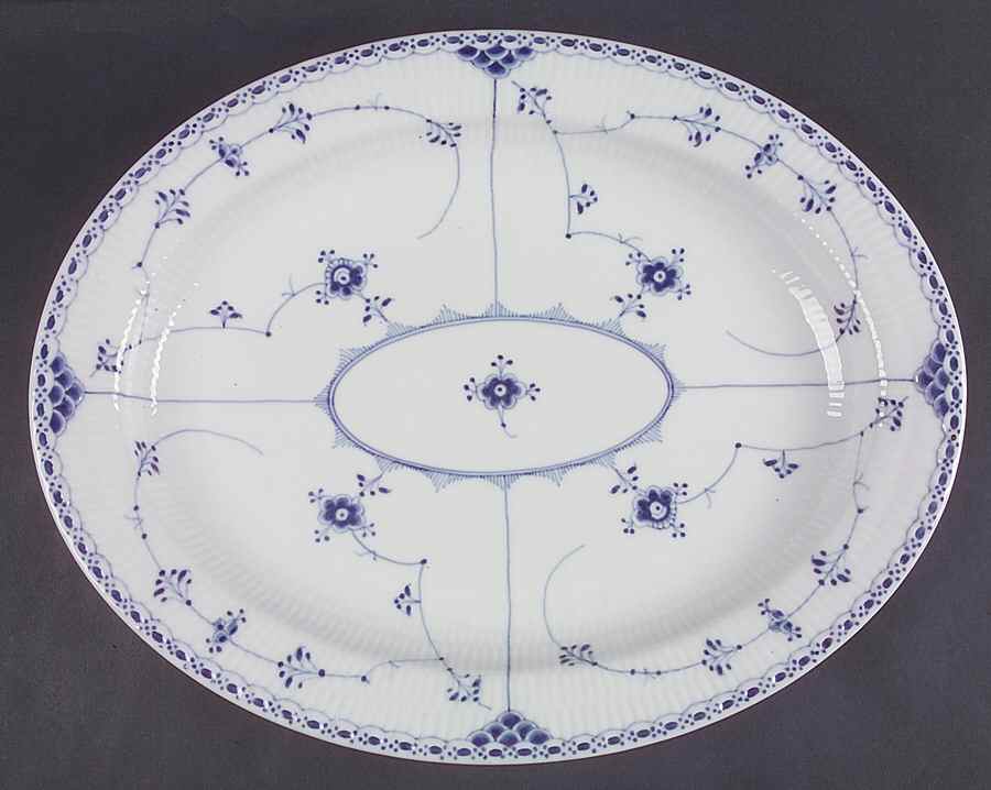 Blue Fluted Half Lace Border (No Trim) 16" Oval Serving Platter by Royal Copenhagen-1
