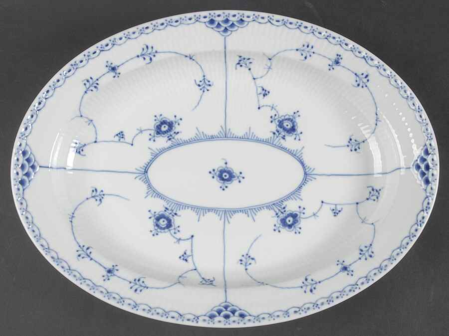 Blue Fluted Half Lace Border (No Trim) 13" Oval Serving Platter by Royal Copenhagen-1