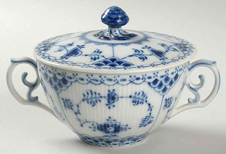 Blue Fluted Half Lace Border (No Trim) Flat Cream Soup Bowl & Lid Set by Royal Copenhagen-1
