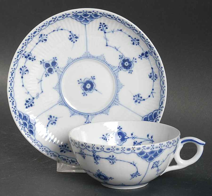 Blue Fluted Half Lace Border (No Trim) Flat Cup & Saucer Set by Royal Copenhagen-1