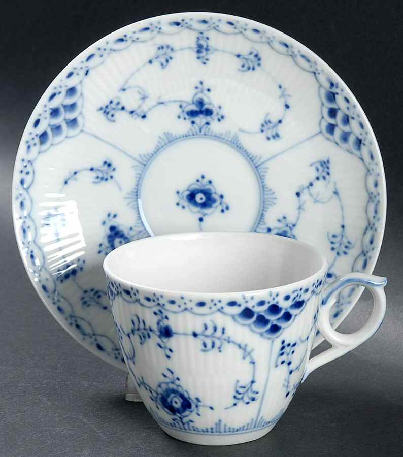 Blue Fluted Half Lace Border (No Trim) Flat Cup & Saucer Set by Royal Copenhagen-1