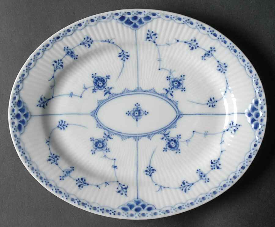 Blue Fluted Half Lace Border (No Trim) 9" Oval Serving Platter by Royal Copenhagen-1