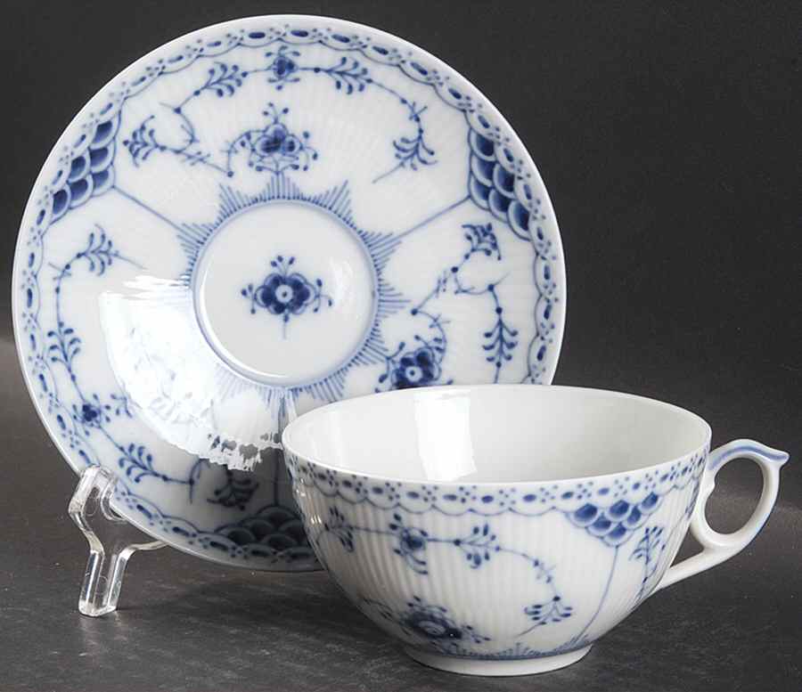 Blue Fluted Half Lace Border (No Trim) Breakfast Cup & Saucer Set by Royal Copenhagen-1