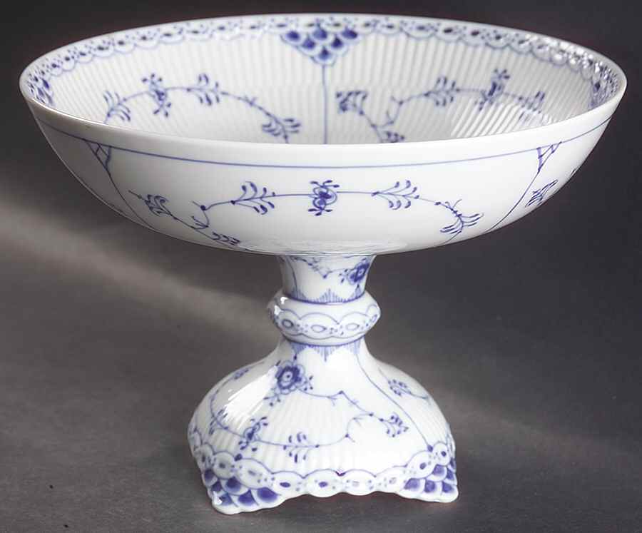 Blue Fluted Half Lace Border (No Trim) 8" Diameter Pedestal Cake Stand by Royal Copenhagen-1