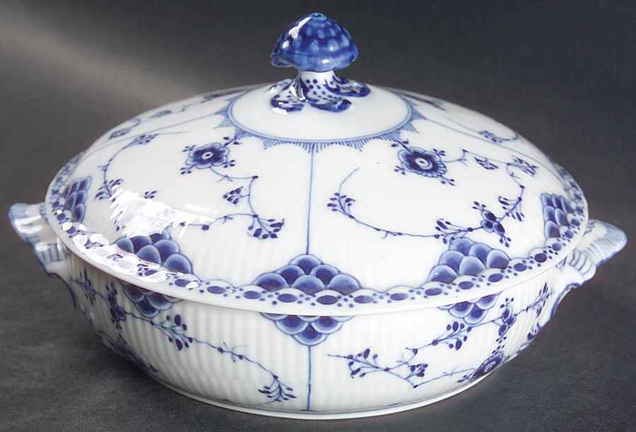 Blue Fluted Half Lace Border (No Trim) Round Covered Vegetable by Royal Copenhagen-1