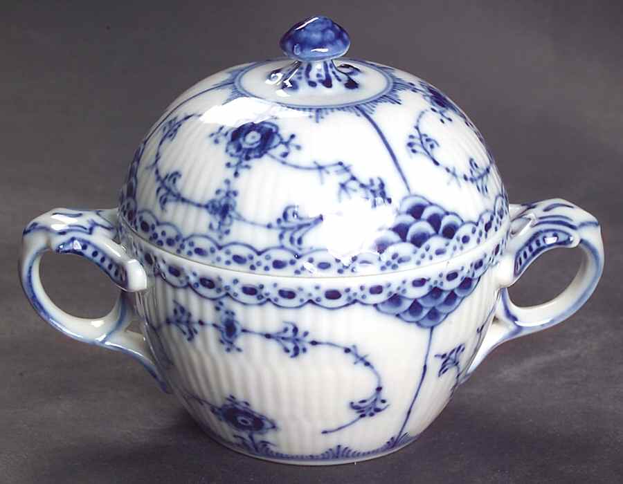 Blue Fluted Half Lace Border (No Trim) Sugar Bowl & Lid by Royal Copenhagen-1