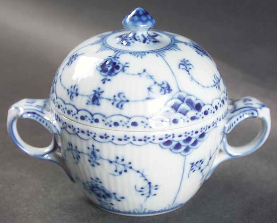 Blue Fluted Half Lace Border (No Trim) Sugar Bowl & Lid by Royal Copenhagen-1
