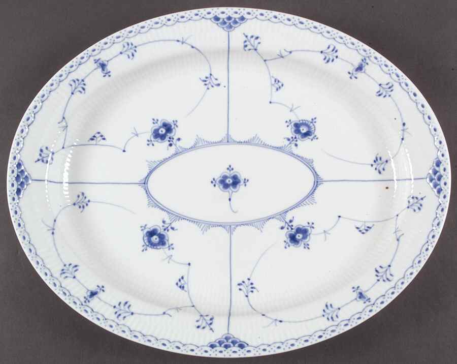 Blue Fluted Half Lace Border (No Trim) 16" Oval Serving Platter by Royal Copenhagen-1