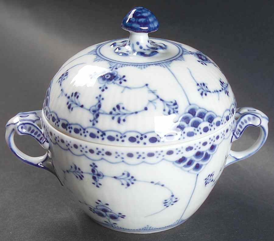 Blue Fluted Half Lace Border (No Trim) Sugar Bowl & Lid by Royal Copenhagen-1