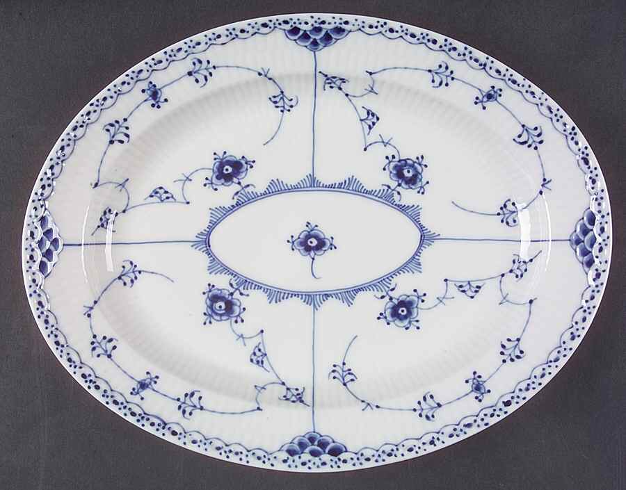 Blue Fluted Half Lace Border (No Trim) 11" Oval Serving Platter by Royal Copenhagen-1