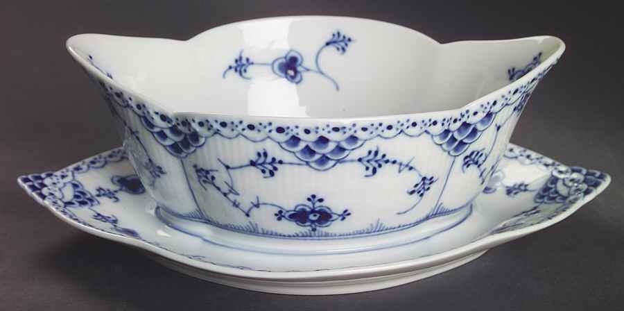 Blue Fluted Half Lace Border (No Trim) Gravy Boat with Attached Underplate by Royal Copenhagen-1