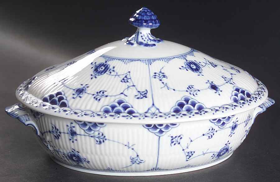 Blue Fluted Half Lace Border (No Trim) Oval Covered Vegetable by Royal Copenhagen-1