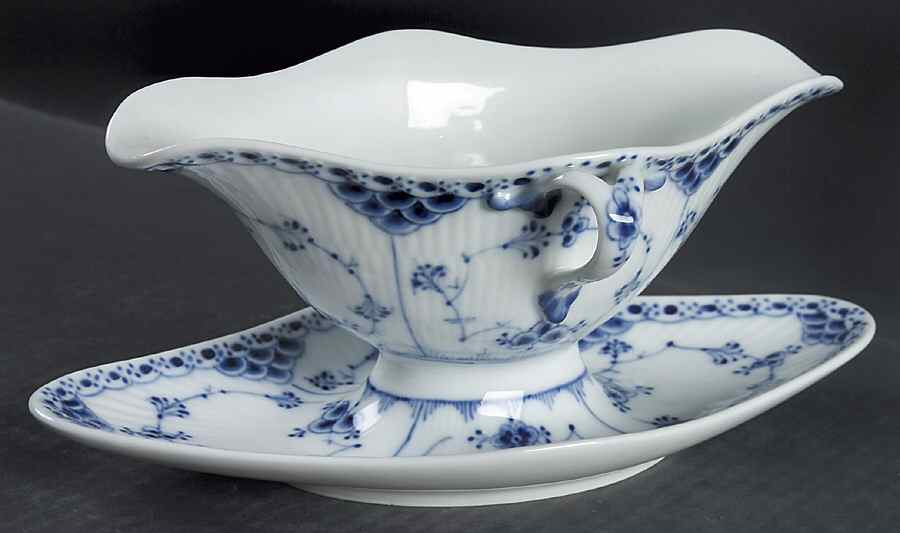 Blue Fluted Half Lace Border (No Trim) Gravy Boat with Attached Underplate by Royal Copenhagen-1