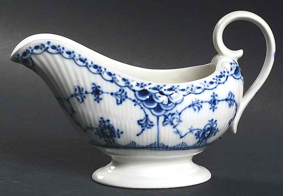Blue Fluted Half Lace Border (No Trim) Open Sauce Boat by Royal Copenhagen-1