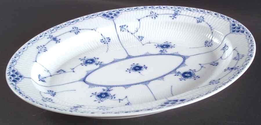 Blue Fluted Half Lace Border (No Trim) 13" Oval Serving Platter by Royal Copenhagen-1
