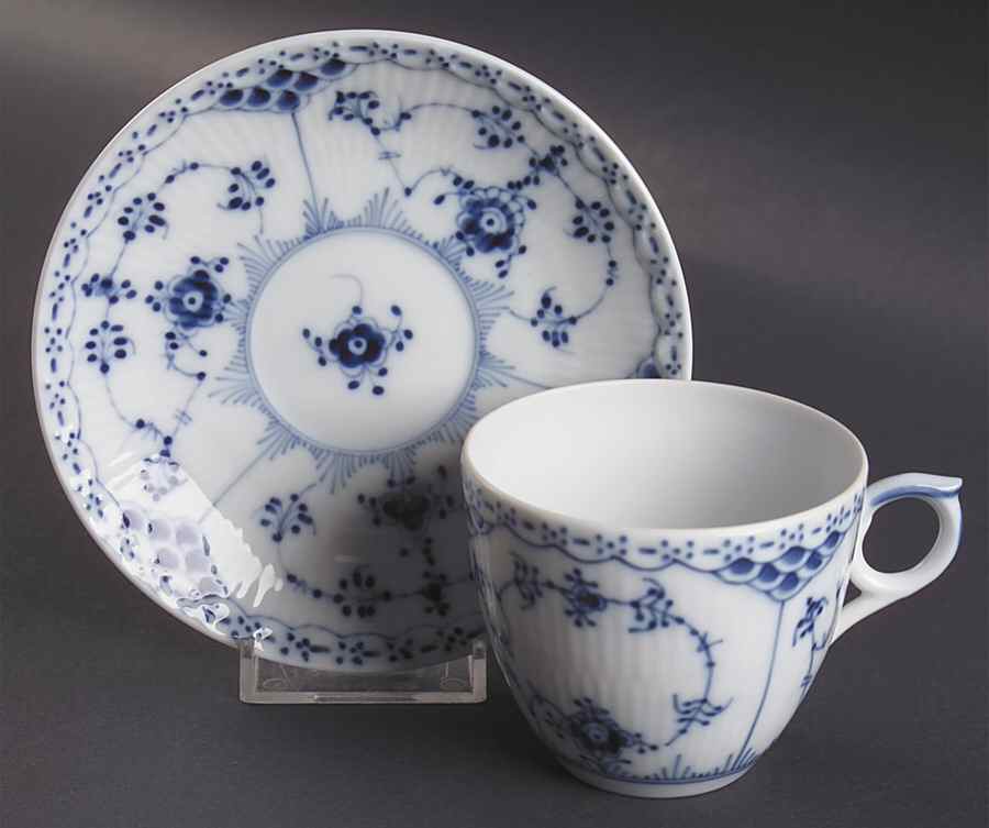 Blue Fluted Half Lace Border (No Trim) Flat Cup & Saucer Set by Royal Copenhagen-1
