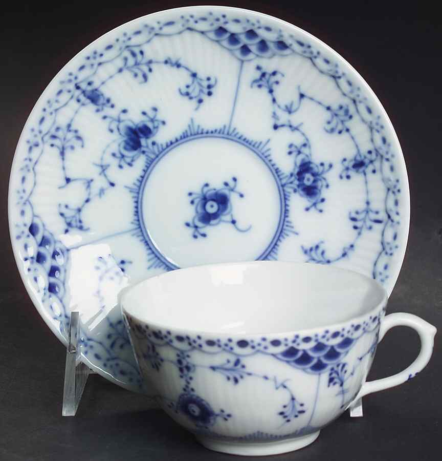 Blue Fluted Half Lace Border (No Trim) Flat Cup & Saucer Set by Royal Copenhagen-1
