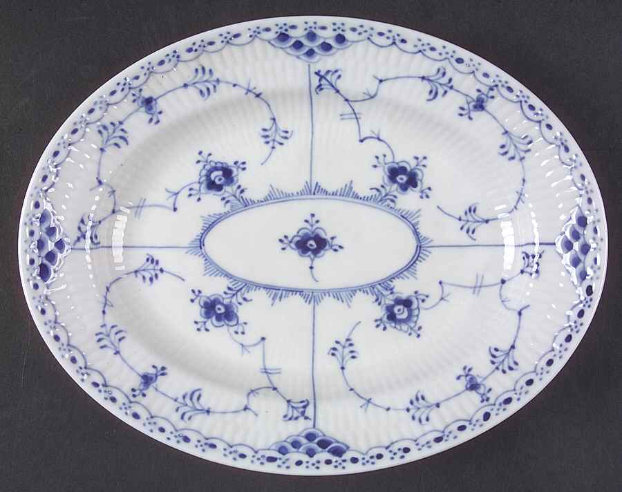 Blue Fluted Half Lace Border (No Trim) 9" Oval Serving Platter by Royal Copenhagen-1
