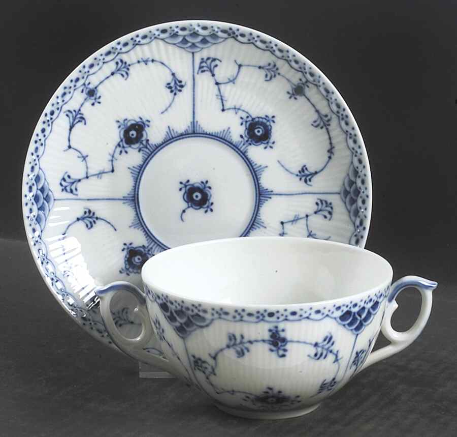 Blue Fluted Half Lace Border (No Trim) Flat Cream Soup Bowl & Saucer Set by Royal Copenhagen-1