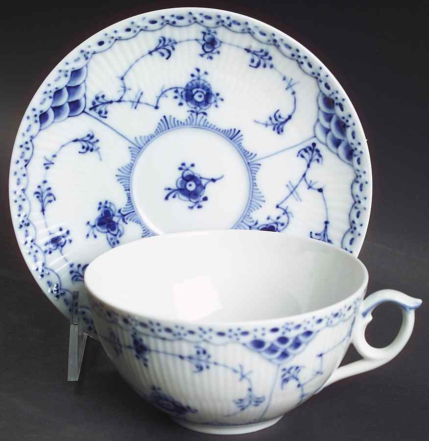 Blue Fluted Half Lace Border (No Trim) Flat Cup & Saucer Set by Royal Copenhagen-1