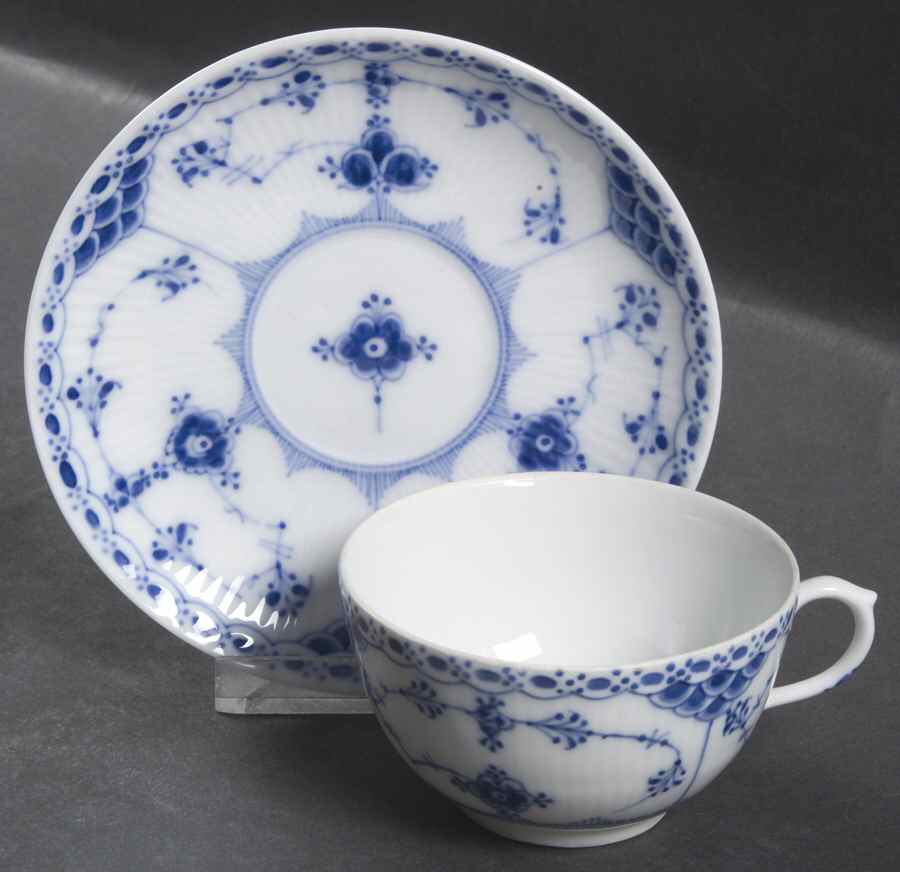 Blue Fluted Half Lace Border (No Trim) Flat Cup & Saucer Set by Royal Copenhagen-1