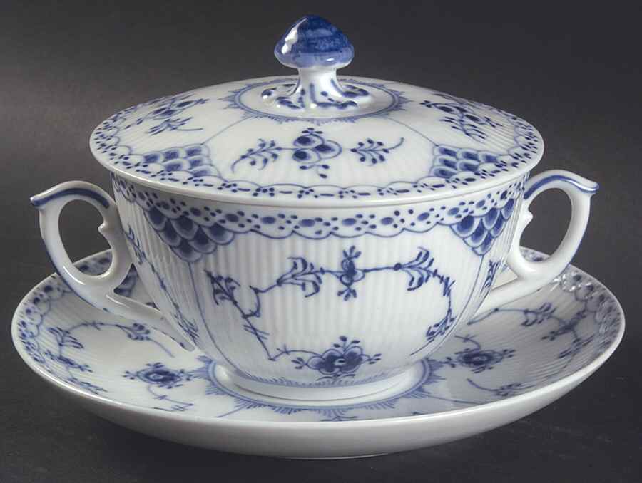 Blue Fluted Half Lace Border (No Trim) Flat Cream Soup Bowl & Saucer Set with Lid by Royal Copenhagen-1
