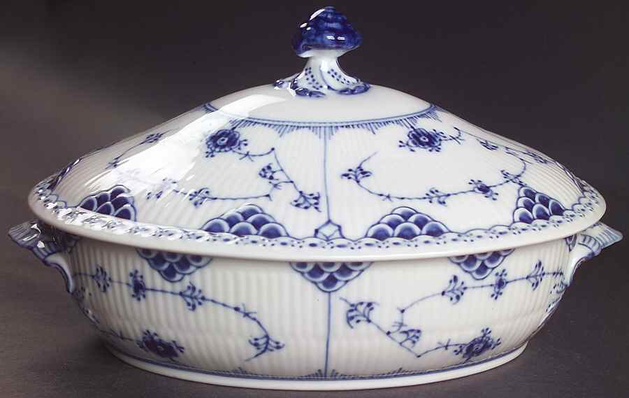 Blue Fluted Half Lace Border (No Trim) Oval Covered Vegetable by Royal Copenhagen-1