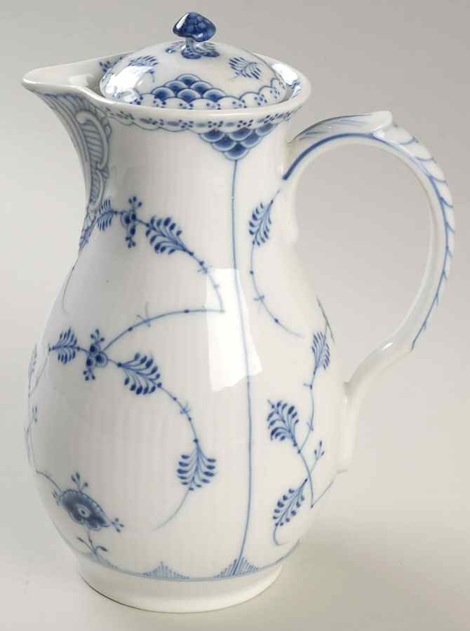 Blue Fluted Half Lace Border (No Trim) Chocolate Pot & Lid by Royal Copenhagen-1