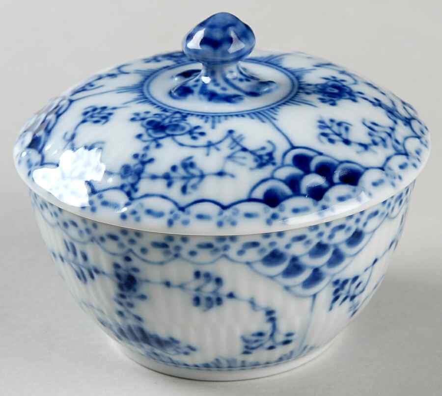 Blue Fluted Half Lace Border (No Trim) Mini Sugar Bowl & Lid by Royal Copenhagen-1