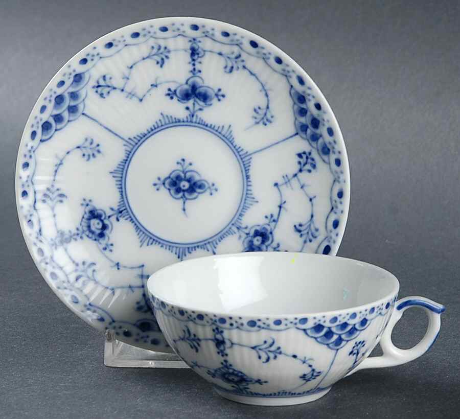 Blue Fluted Half Lace Border (No Trim) Flat Cup & Saucer Set by Royal Copenhagen-1