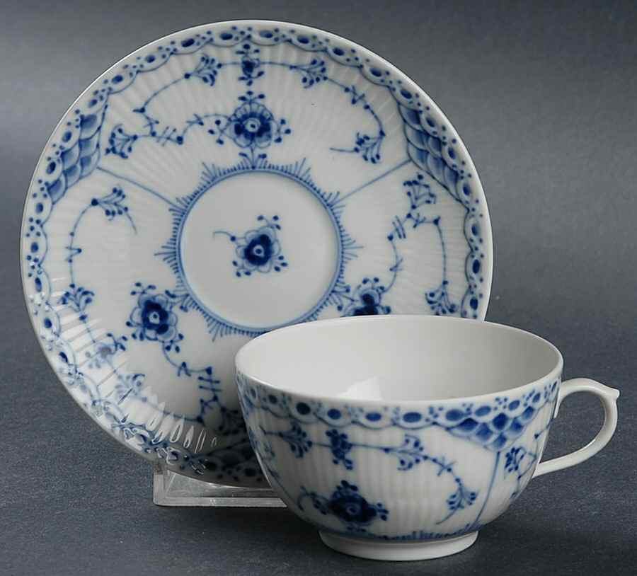Blue Fluted Half Lace Border (No Trim) Flat Cup & Saucer Set by Royal Copenhagen-1