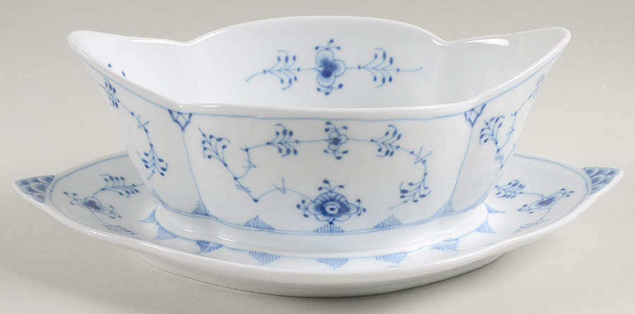 Blue Fluted Plain (No Trim) Gravy Boat with Attached Underplate by Royal Copenhagen-1