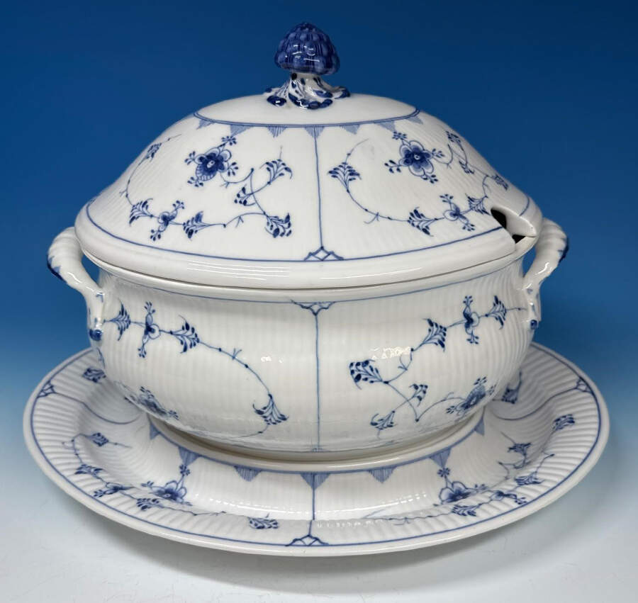 Blue Fluted Plain (No Trim) Oval Tureen & Lid with Underplate by Royal Copenhagen-1