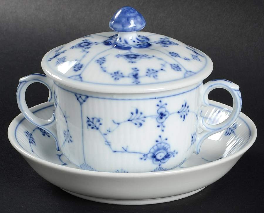 Blue Fluted Plain (No Trim) Bouillon Soup & Saucer with Lid by Royal Copenhagen-1