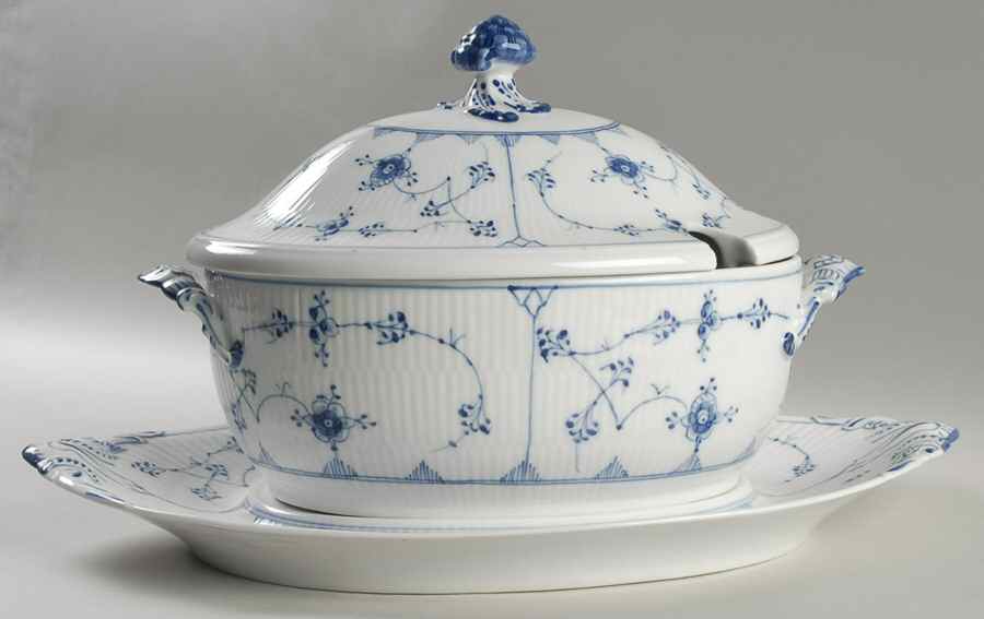 Blue Fluted Plain (No Trim) Oval Tureen & Lid with Underplate by Royal Copenhagen-1