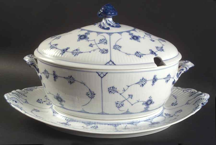 Blue Fluted Plain (No Trim) Oval Trueen & Lid with Underplate by Royal Copenhagen-1