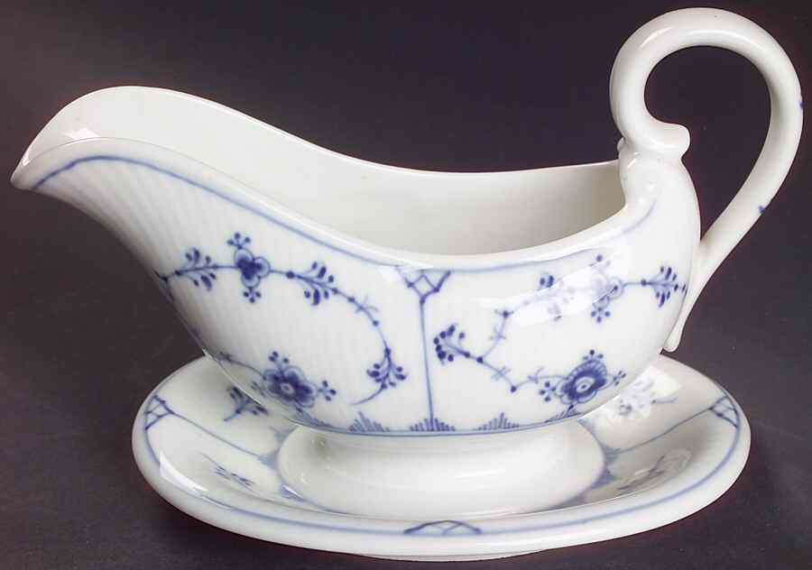 Blue Fluted Plain (No Trim) Gravy Boat with Attached Underplate by Royal Copenhagen-1